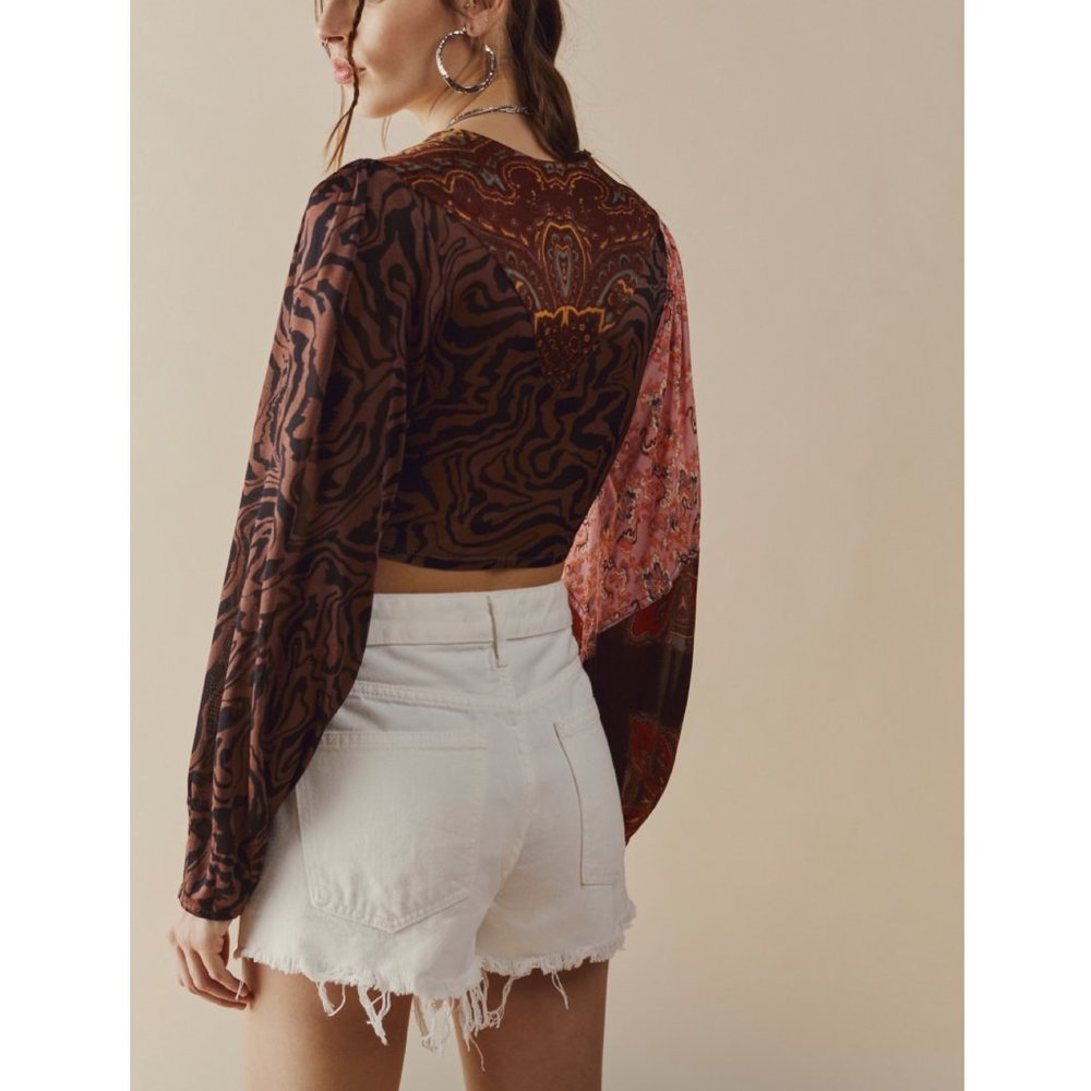 Free People Brown & Pink Mixed-Print Tie-Front Crop Top - Picture 4 of 6